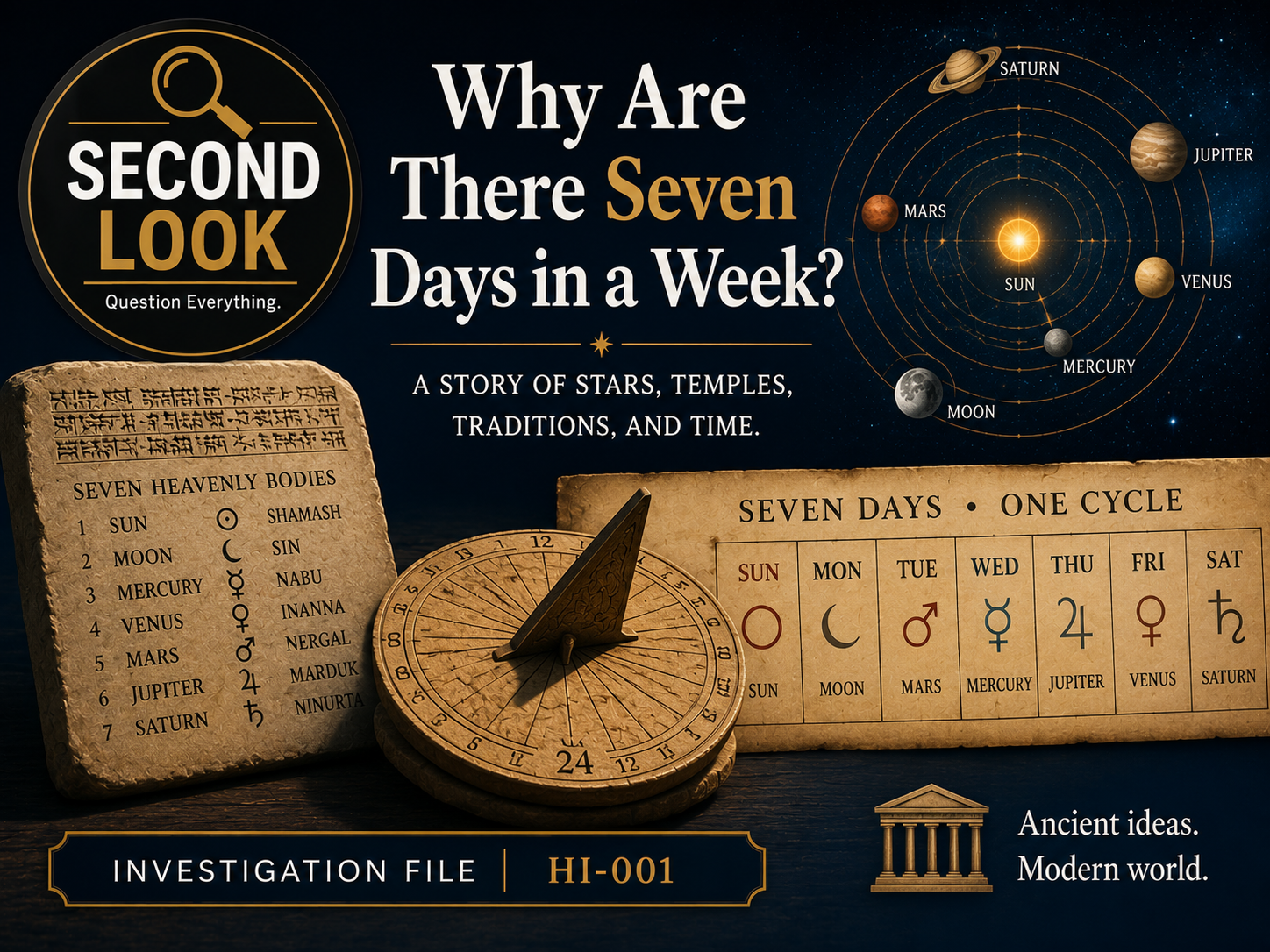 An ancient night sky with the seven visible celestial bodies above an early calendar, symbolizing the astronomical and cultural origins of the seven-day week.
