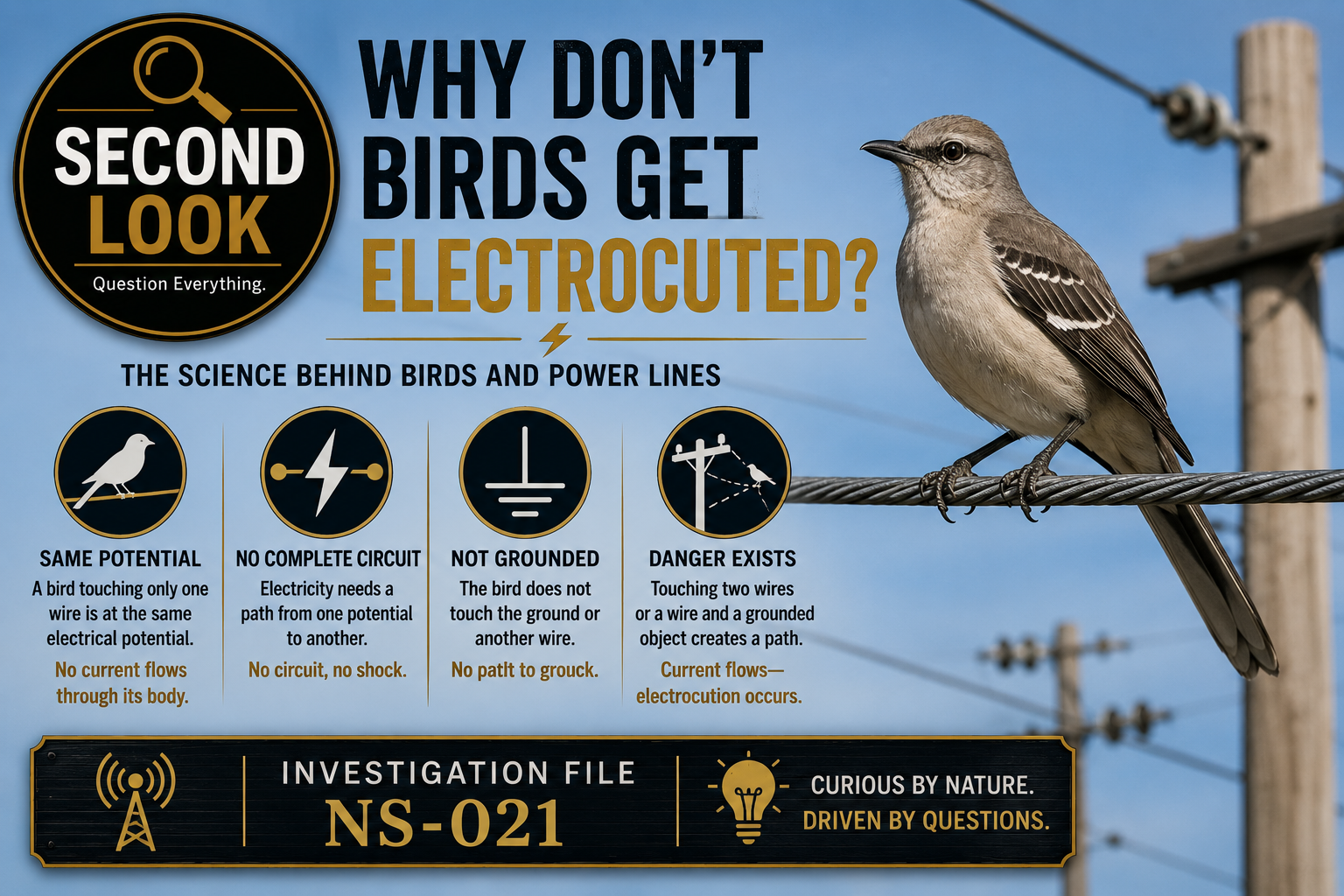 A small bird calmly perched on a high-voltage power line while transmission towers stretch into the distance, illustrating the electrical principle that prevents current from flowing through its body.